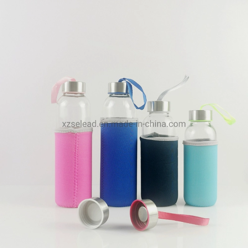 500ml Juice Beverages Glass Water Bottle with Bamboo/Stainless Steel Leak-Proof Caps &amp; Sleeve
